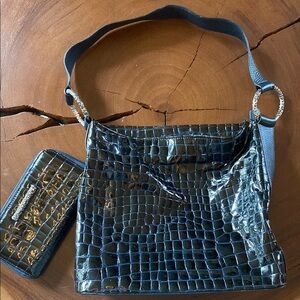 Brighton CHER Croc Patent Leather Black Shoulder Bag AND matching Wallet